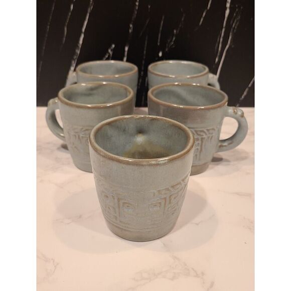 FRANKOMA Pottery Mugs /Cup 7C Blue /Green Mayan Aztec Set Of 5 Vintage MCM EUC - Picture 1 of 10